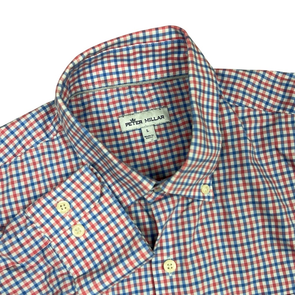 Peter Millar Shirt Mens Large Blue Purple‎ Pink  Checker Long Sleeve Stretch